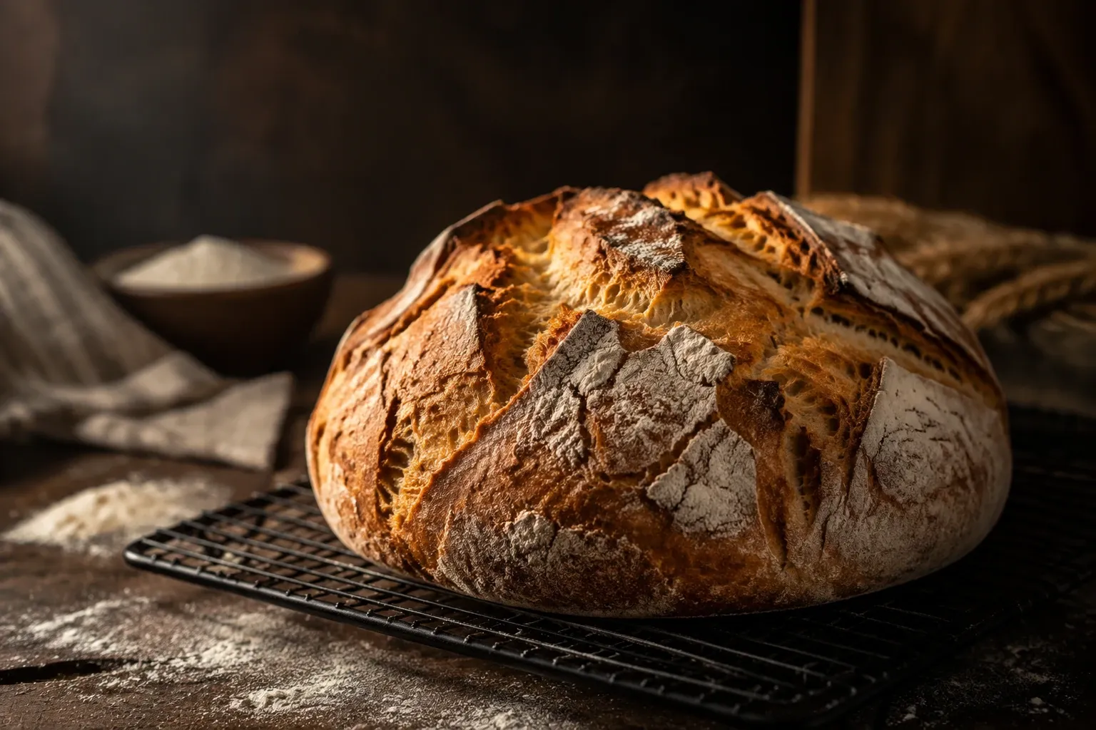 Frisch gebackener Brotlaib mit aufgerissener Kruste auf einem Gitter