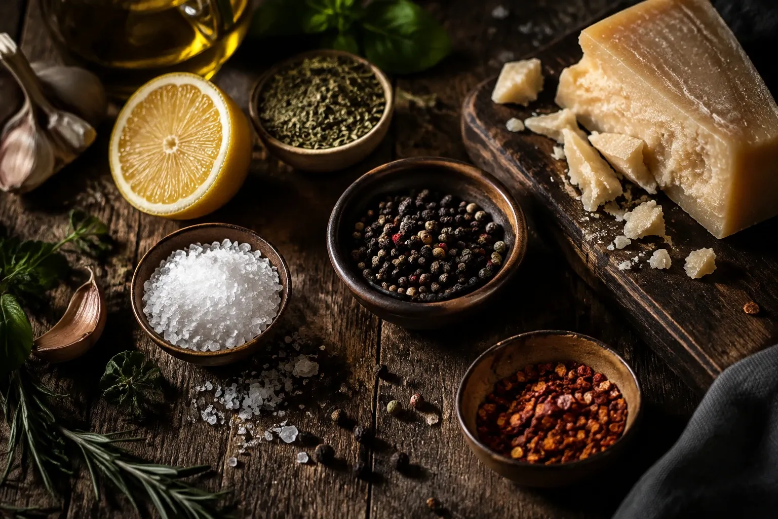 Gewürze in kleinen Schalen, eine halbierte Zitrone, grobes Salz und Parmesan auf einem Holztisch