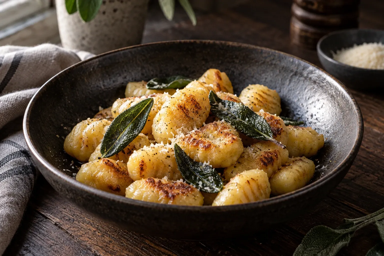 Gebratene Gnocchi mit Salbeiblättern und Parmesan in dunkler Schale auf Holzuntergrund