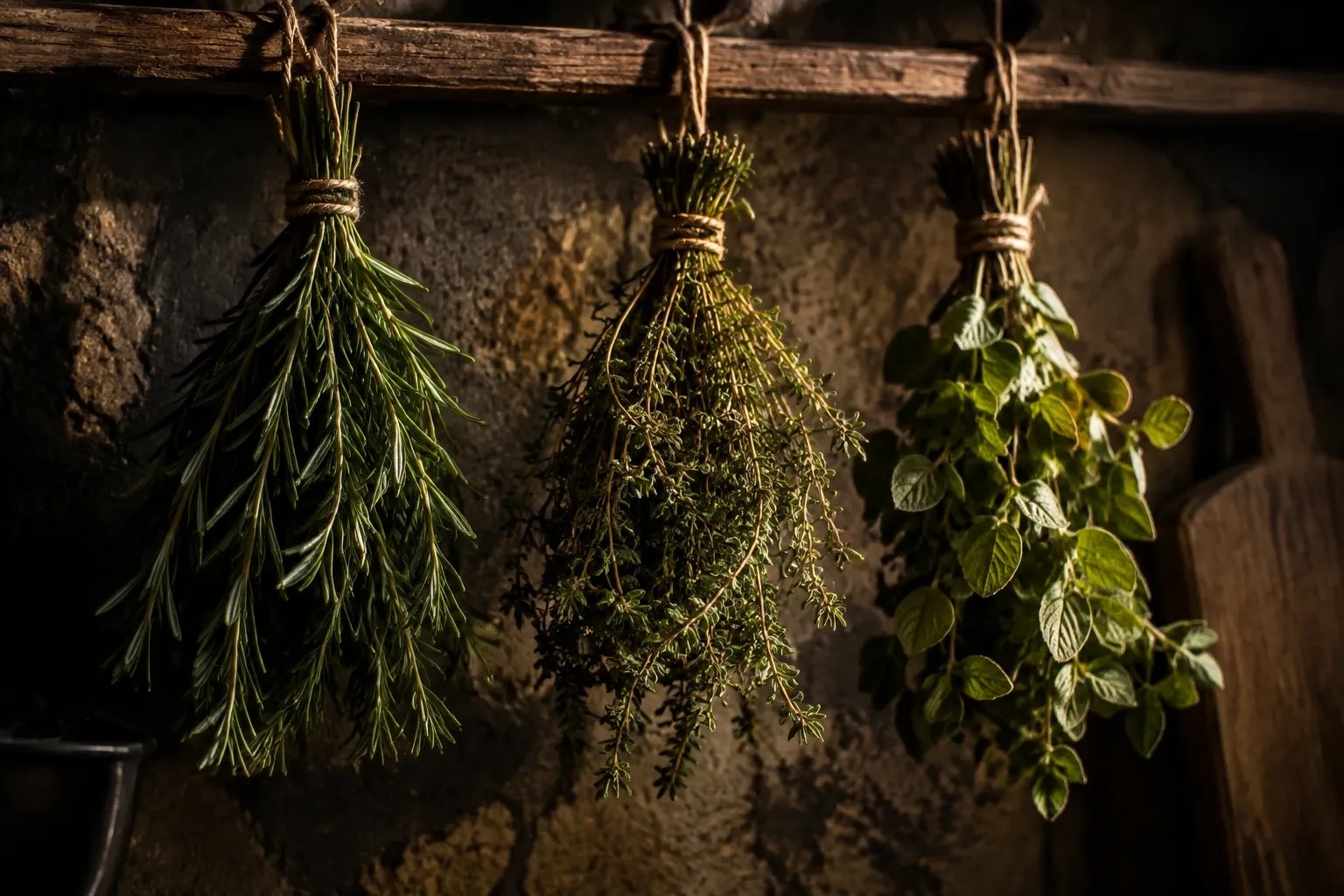 Kopfüber aufgehängte Kräuterbündel aus Rosmarin, Thymian und Oregano
