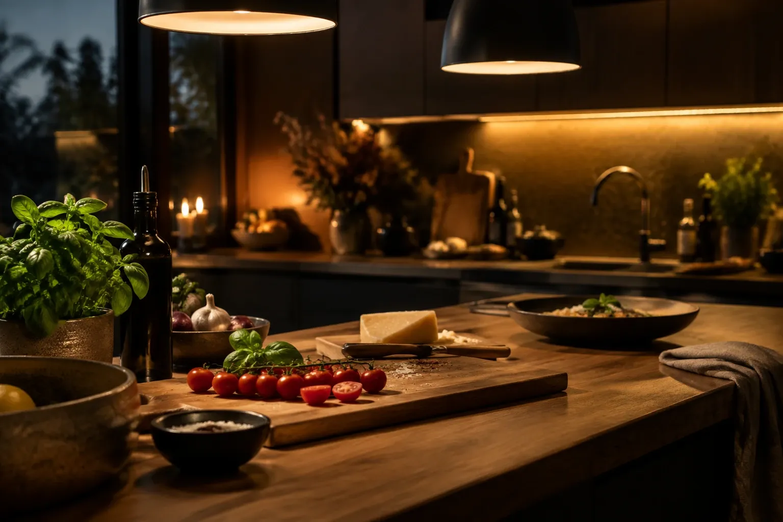 Küchenarbeitsfläche mit LED-Unterschrankbeleuchtung und Pendelleuchten