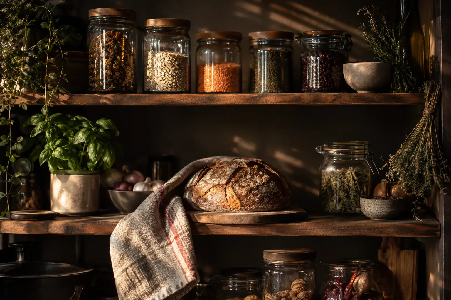 Küchenregal mit Vorratsgläsern, getrockneten Kräutern und einem Brotlaib