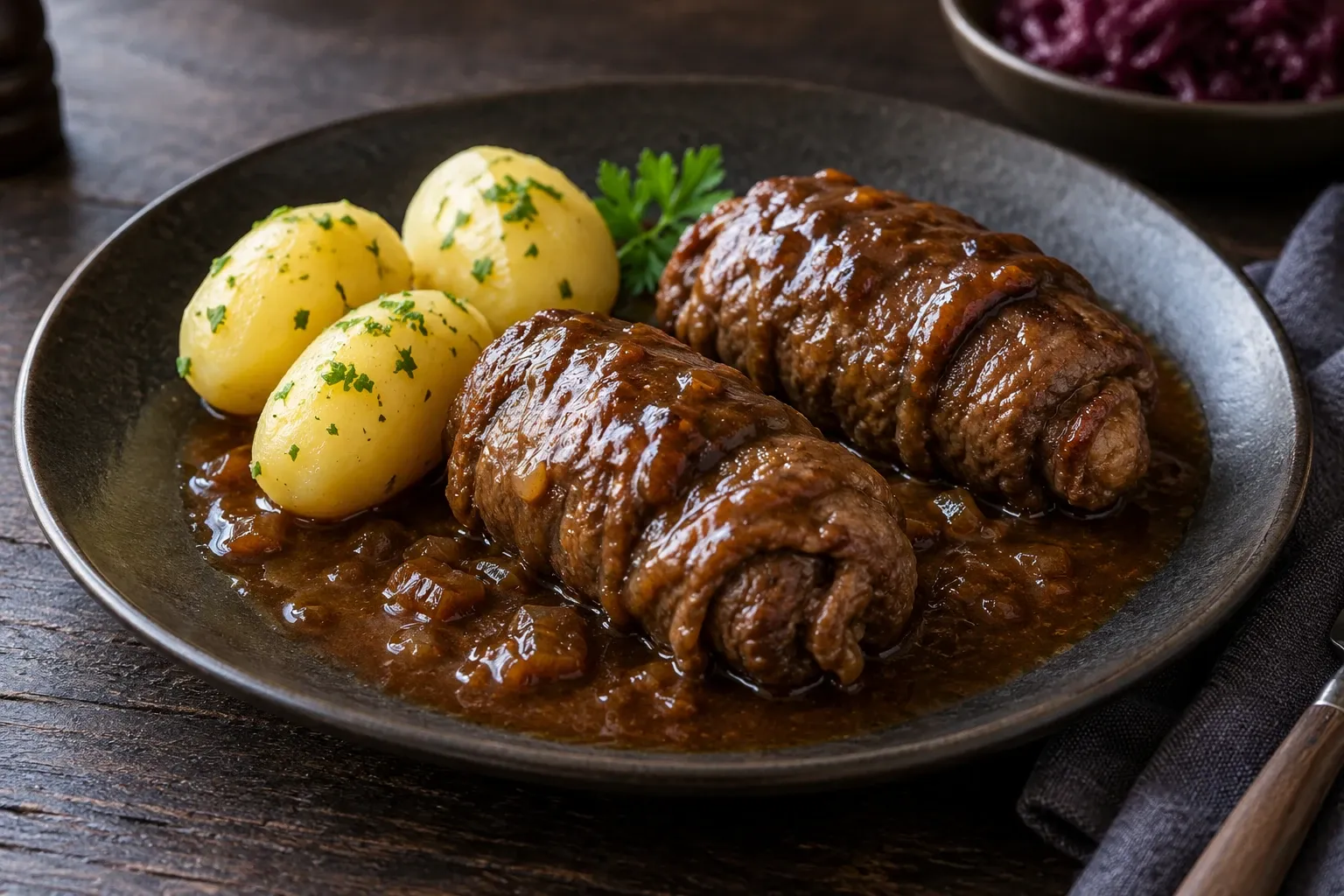 Zwei Rinderrouladen mit Zwiebelsoße, Petersilie und drei Salzkartoffeln auf Teller
